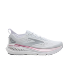 White running shoe with pink accents on a white background