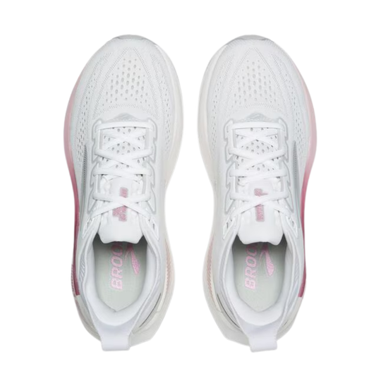 White running shoes with pink accents on a white background