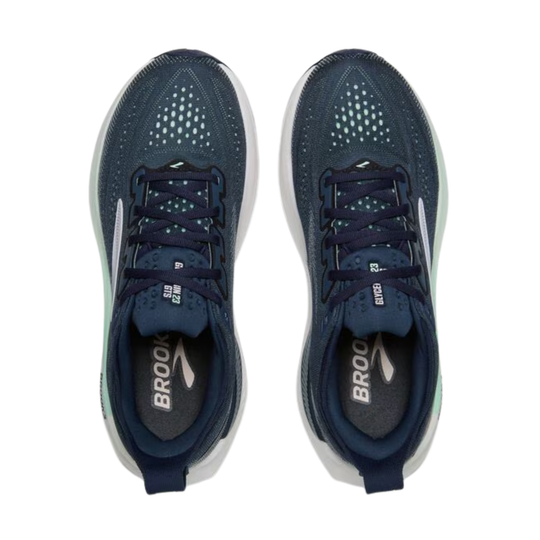 Pair of blue running shoes withBrookfield logo on a white background