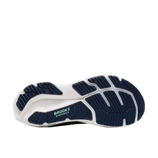 Navy and white running shoe sole with 'Brooks' branding on a white background