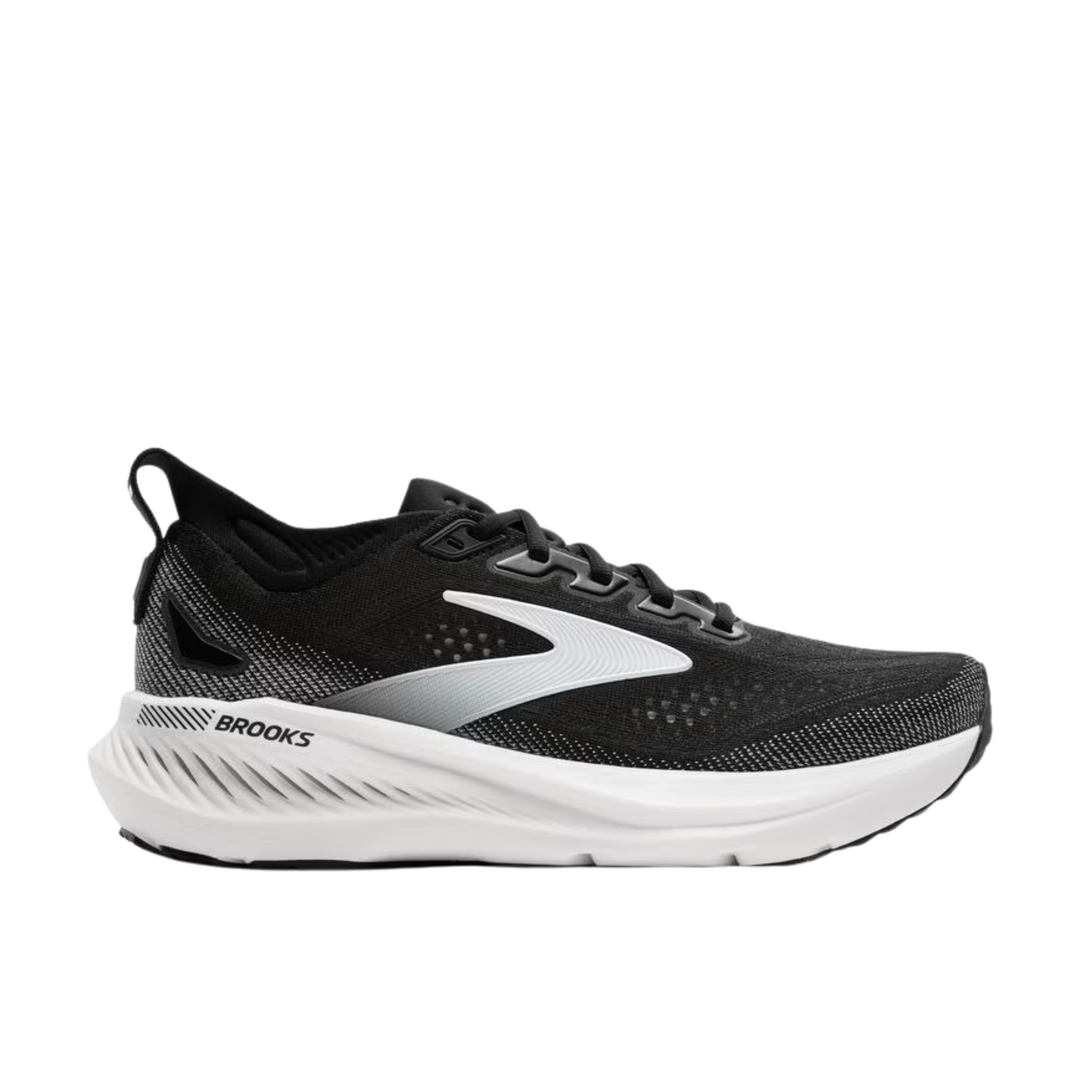 Black and white running shoe with 'Brooks' branding on a white background
