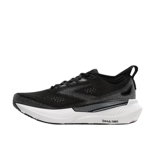 Black running shoe with white sole on a white background