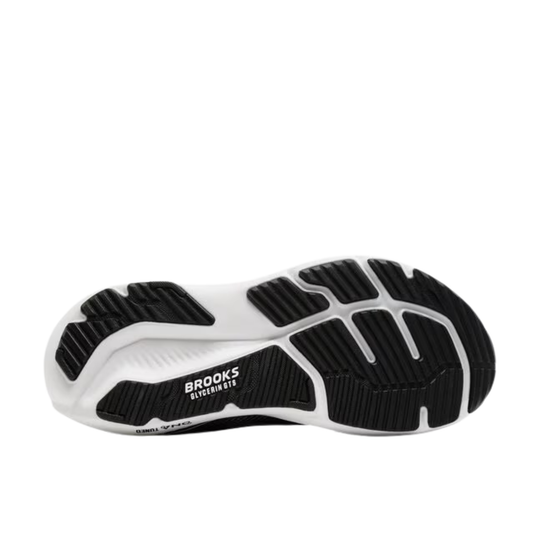 black and white running shoe sole with 'Brooks' branding on a white background