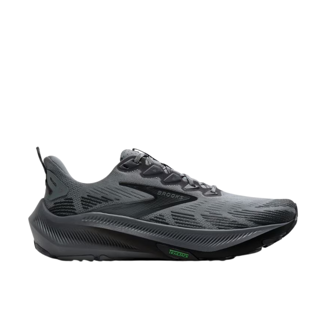 Black running shoe with brand logo on a white background