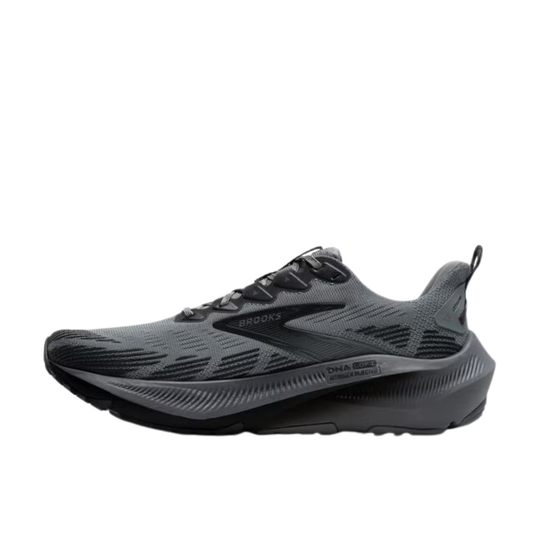 Gray running shoe with visible branding on a white background
