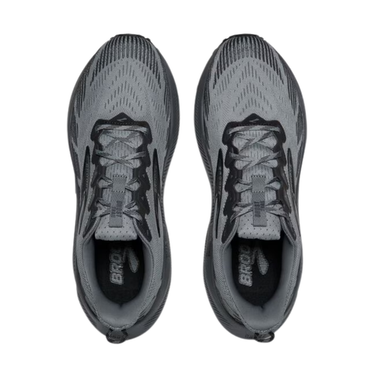 Gray running shoes with black accents on a white background