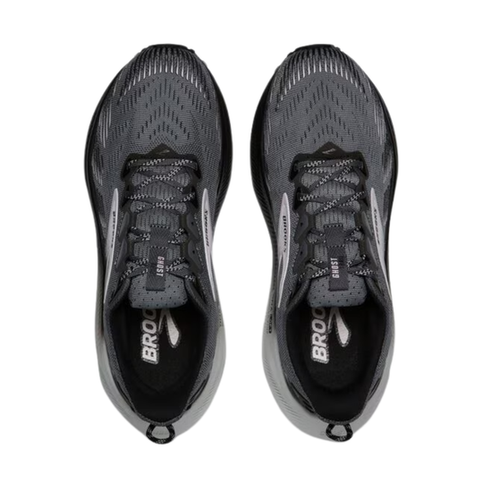 Pair of gray running shoes with 'Brooks' branding on a white background