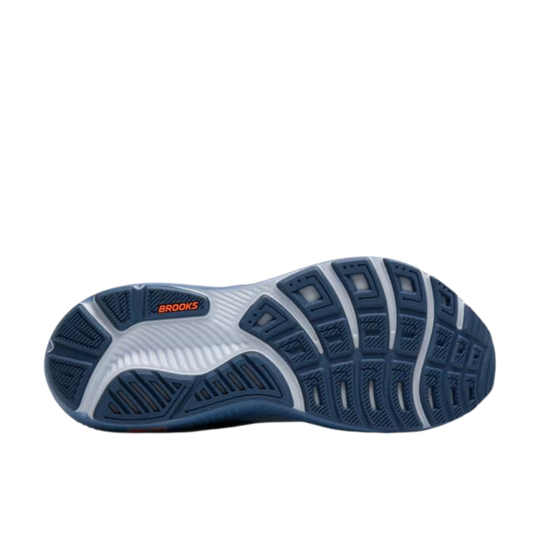 Blue and white running shoe sole with 'Brooks' branding on a white background