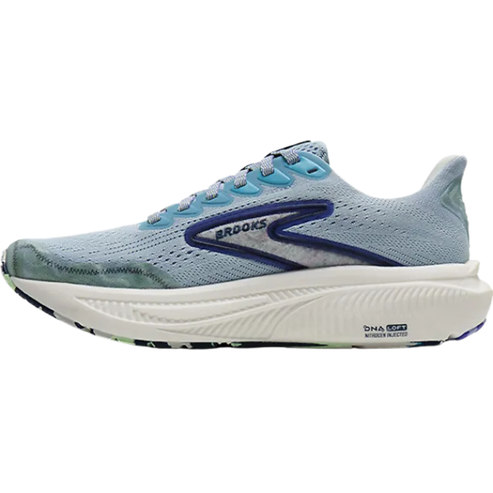 Blue running shoe with white sole on a white background