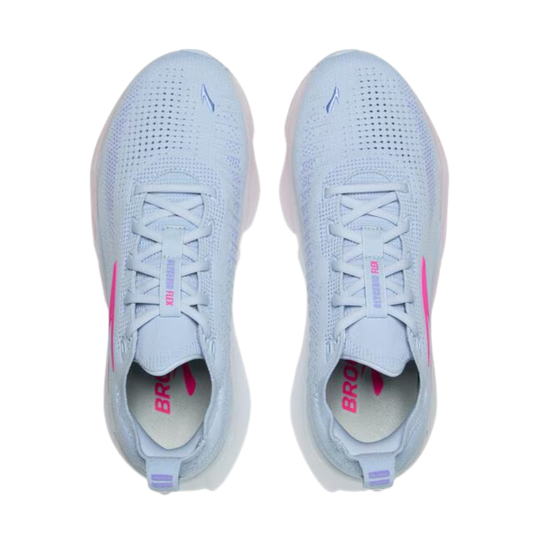Light blue running shoes with pink accents on a white background