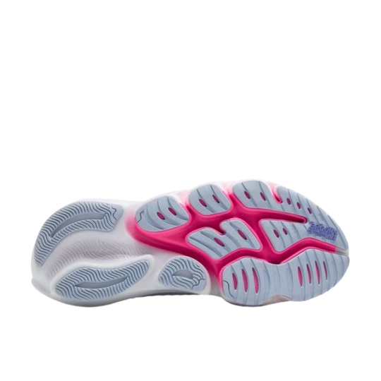 Sole of a running shoe with pink and gray design on a white background