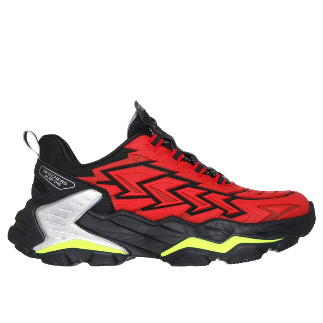 Red and black athletic shoe with a white sole on a white background