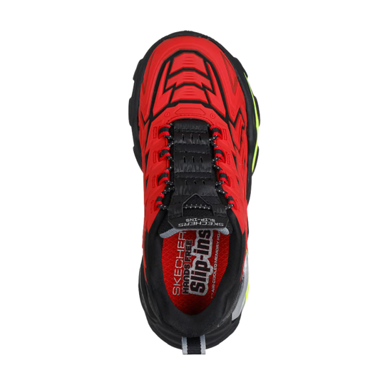 Red and black athletic shoe with slip-on heel tab and bungee laces