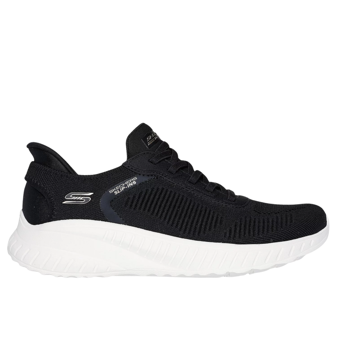 Black knit slip-on sneaker with white platform sole and visible side branding