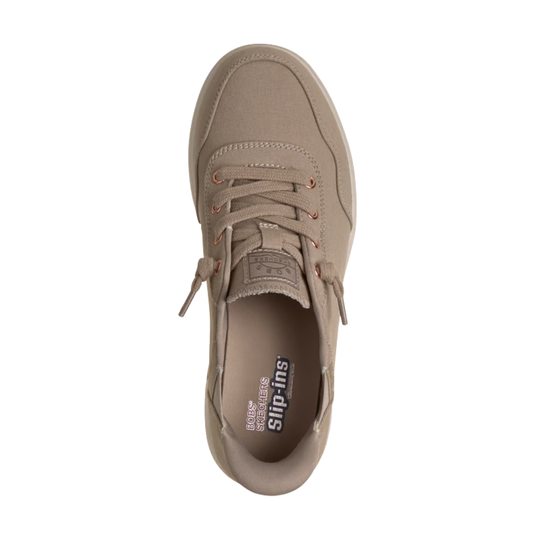 Beige sneaker with brand logo on a white background