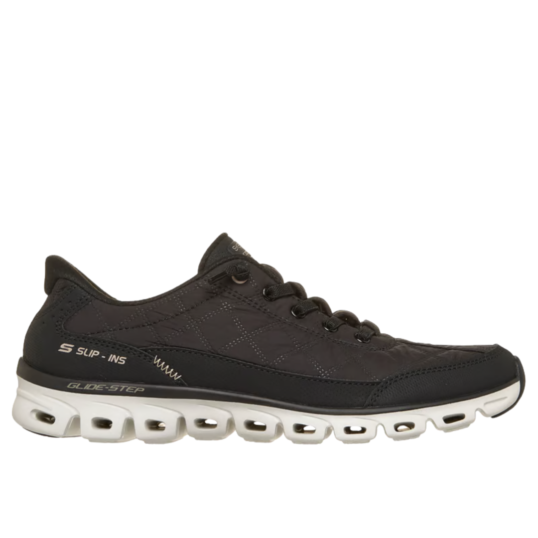 Black running shoe with white sole on a white background