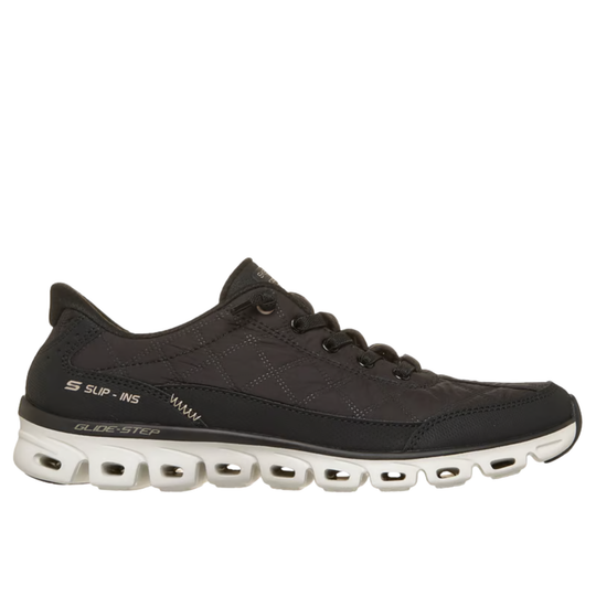 Black running shoe with white sole on a white background