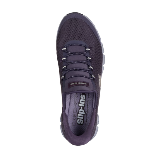 Purple slip-on athletic shoe with bungee laces and Skechers branding