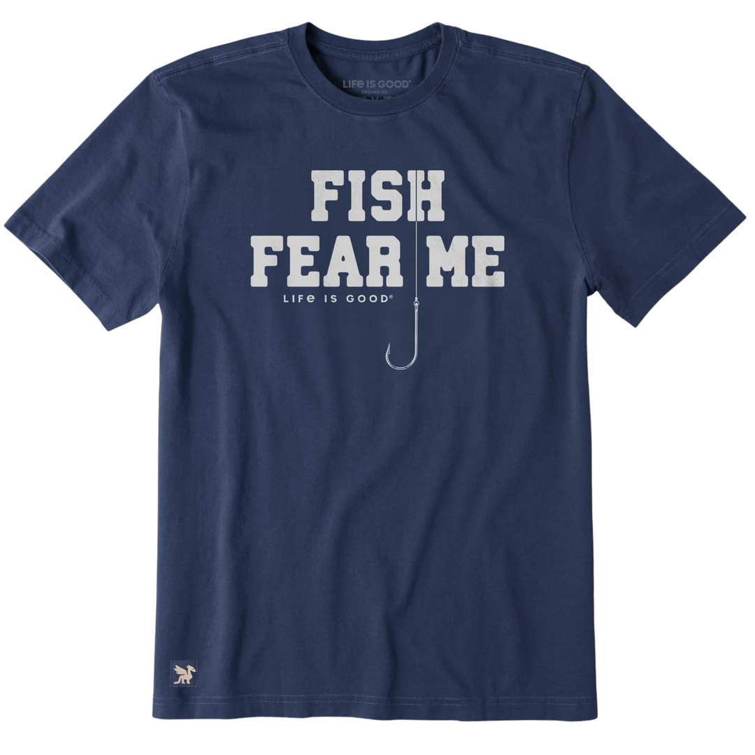 Navy short-sleeve T-shirt with "FISH FEAR ME" graphic and a hanging fishhook design