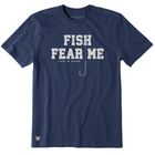 Navy blue t-shirt with 'Fish Fear Me' text and Life is Good logo on a white background
