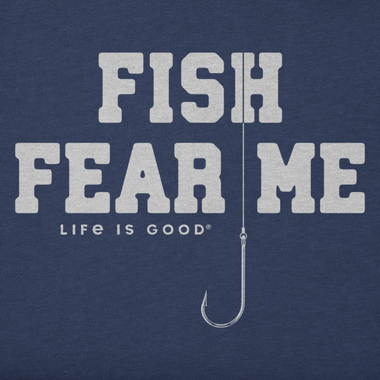 Dark blue T-shirt with white "FISH FEAR ME" graphic and a fishing hook design