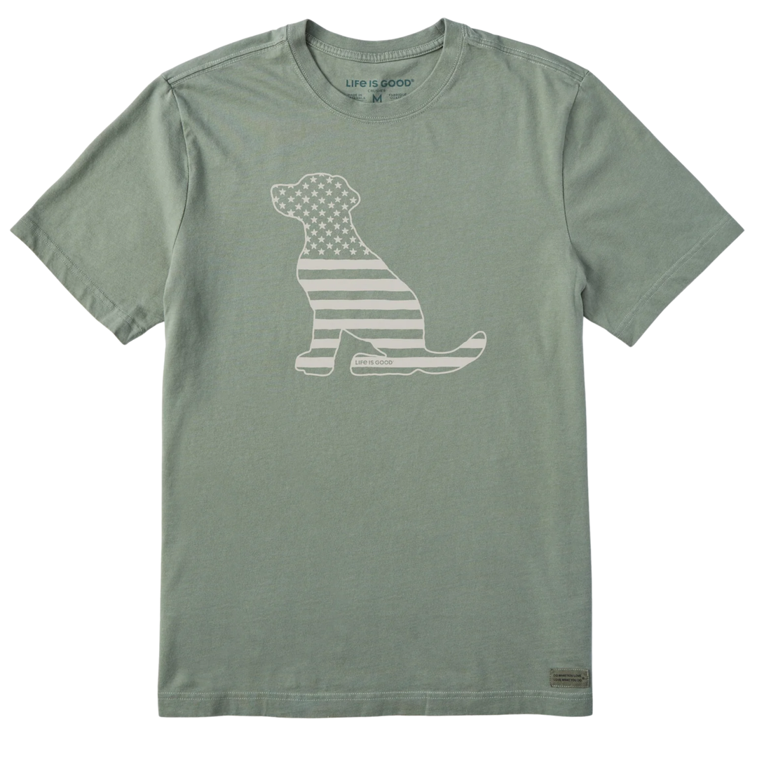 Green t-shirt with a dog graphic and 'Life is Good' branding on a white background