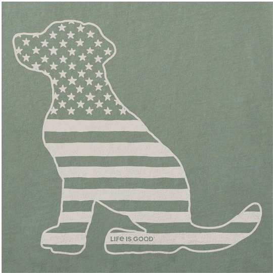 Moss green T-shirt with a white sitting dog graphic filled with stars and stripes and "LIFE IS GOOD" text