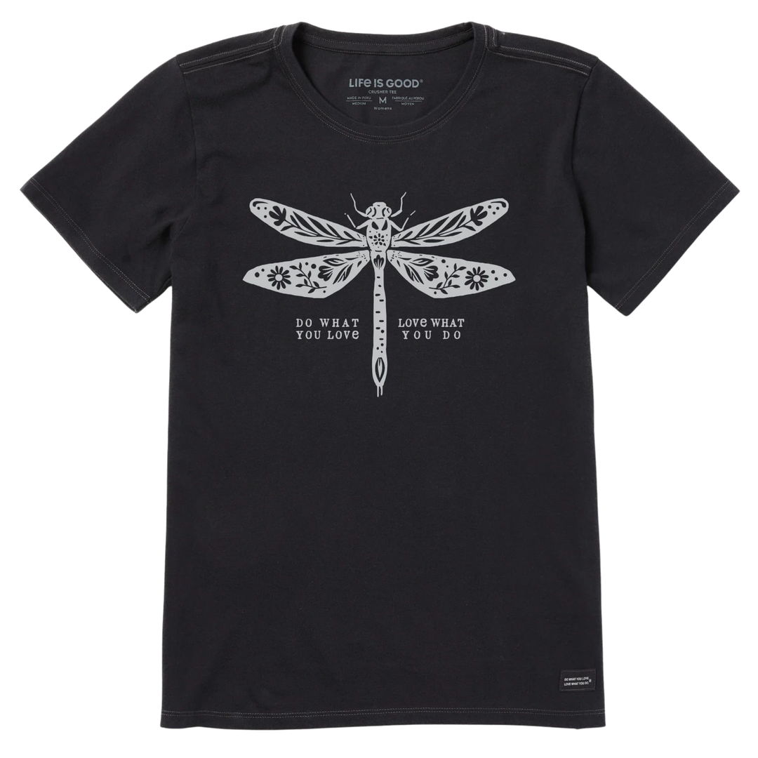 Black t-shirt with a white dragonfly graphic and text on a white background