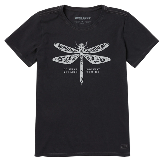 Black t-shirt with a white dragonfly graphic and text on a white background