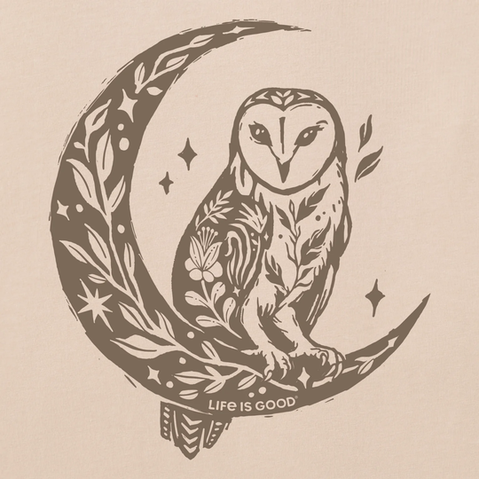 Decorative design with owl on a crescent moon, surrounded by stars and leaves, on a beige background.