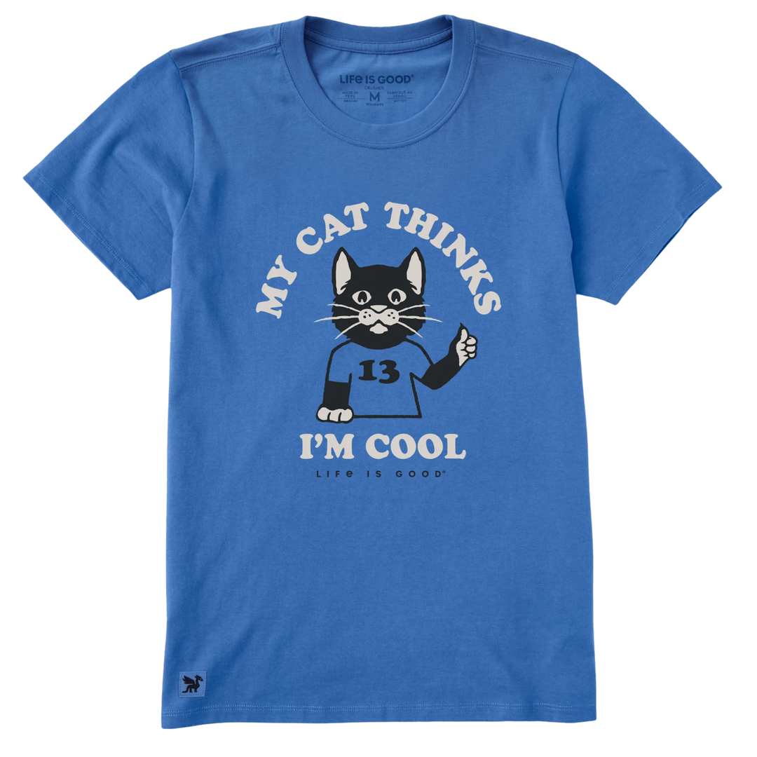 Blue t-shirt with a cat graphic and text on a white background