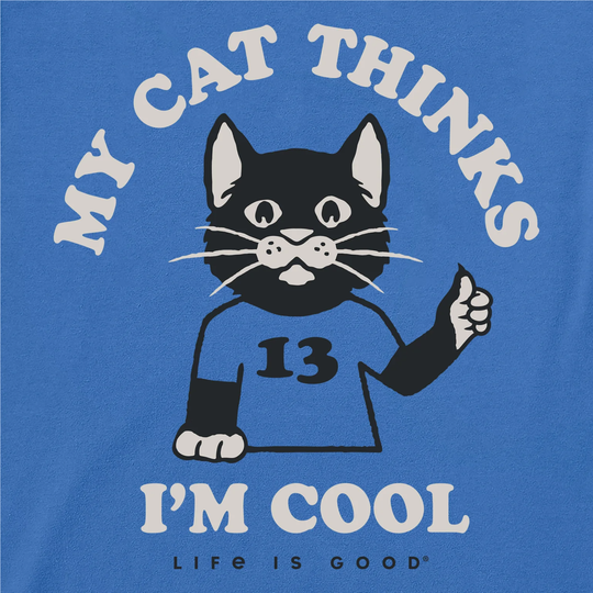 Blue t-shirt with a black cat graphic and text 'My cat thinks I'm cool' on a blue background