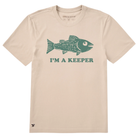 Beige t-shirt with green fish graphic and 'I'm a Keeper' text on a white background