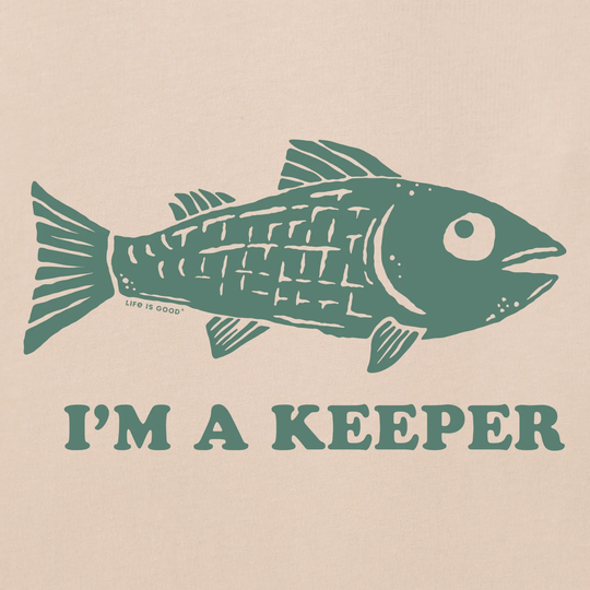 Green fish illustration with 'I'm a Keeper' text on beige background