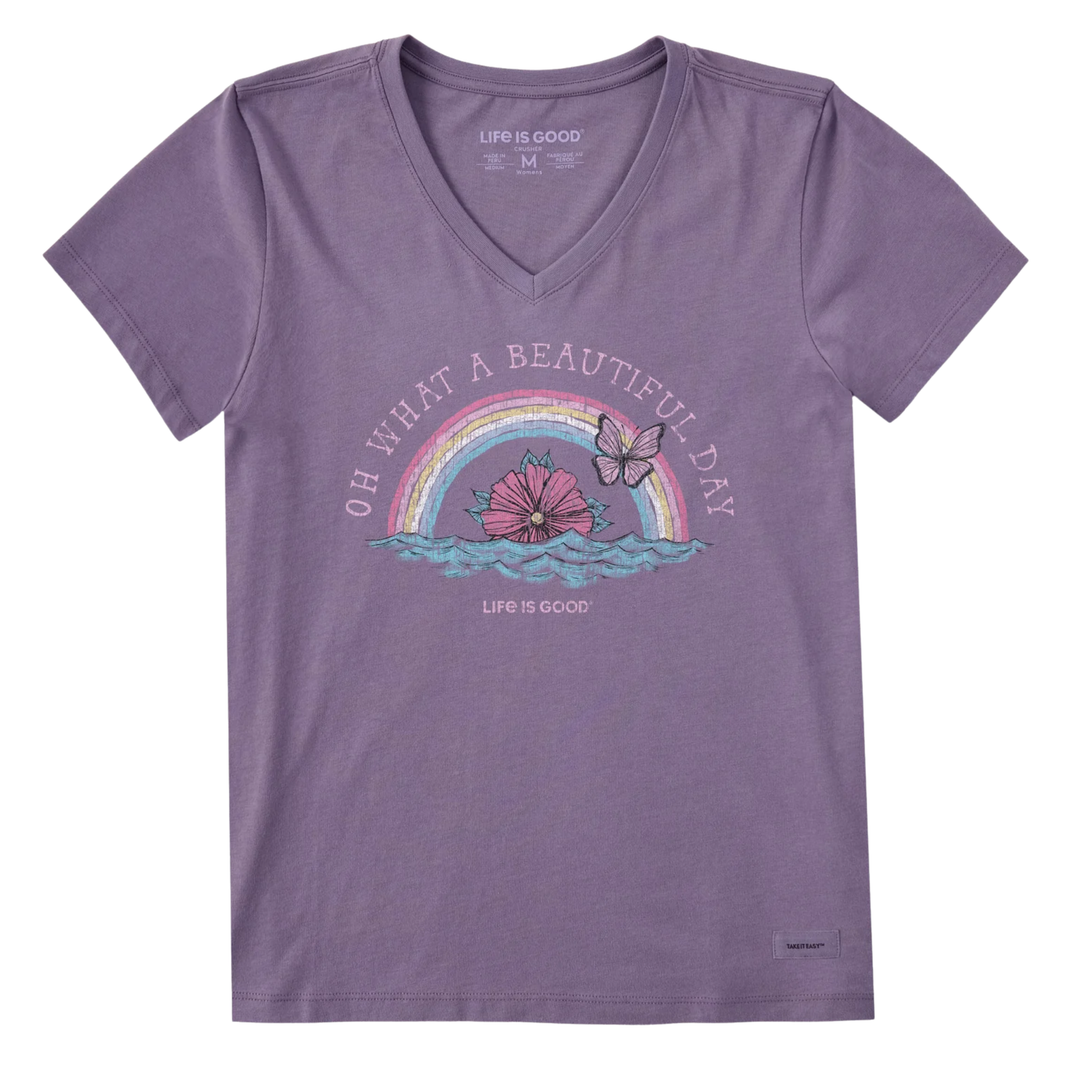 Purple V-neck T-shirt with rainbow, flower, and butterfly graphic and the words "Oh What a Beautiful Day"