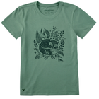 Green t-shirt with fox and nature design on a white background