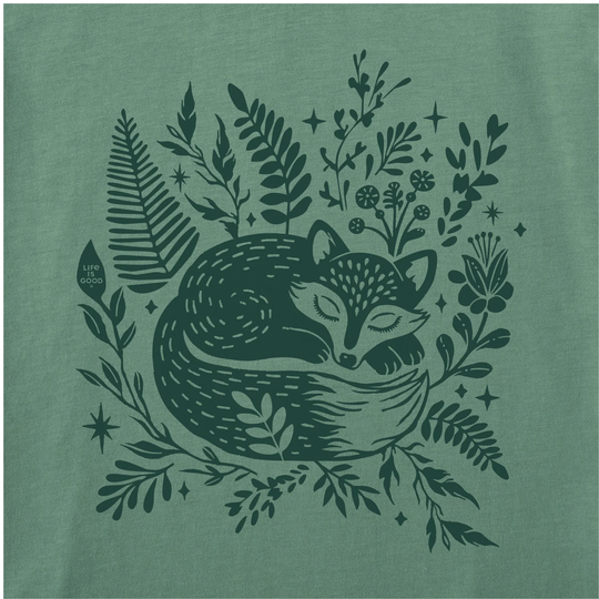 Green t-shirt with a black fox and floral design on a green background
