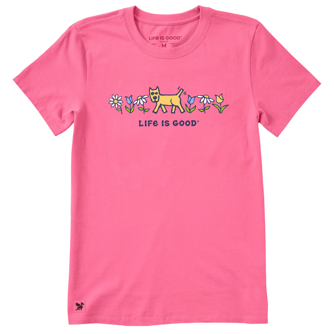 Pink t-shirt with a dog and flower design and 'Life is Good' text on a white background