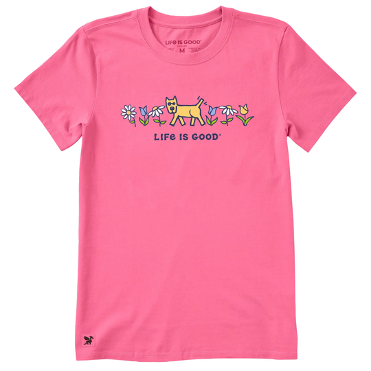 Pink t-shirt with a dog and flower design and 'Life is Good' text on a white background