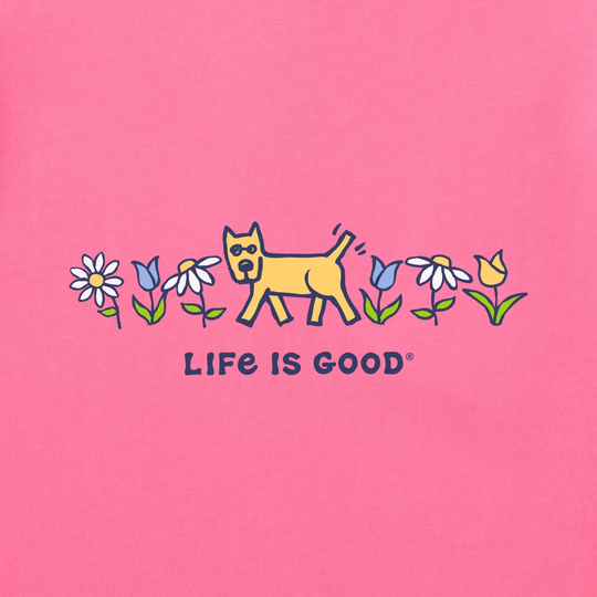 Pink tee with a cartoon dog, daisies, and "LIFE IS GOOD" text