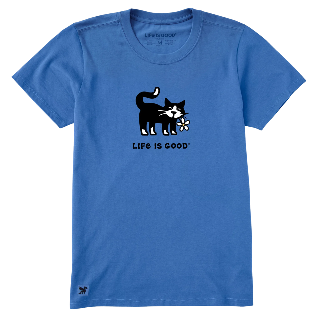 Blue T-shirt with a black cat holding a flower and 'Life Is Good' text