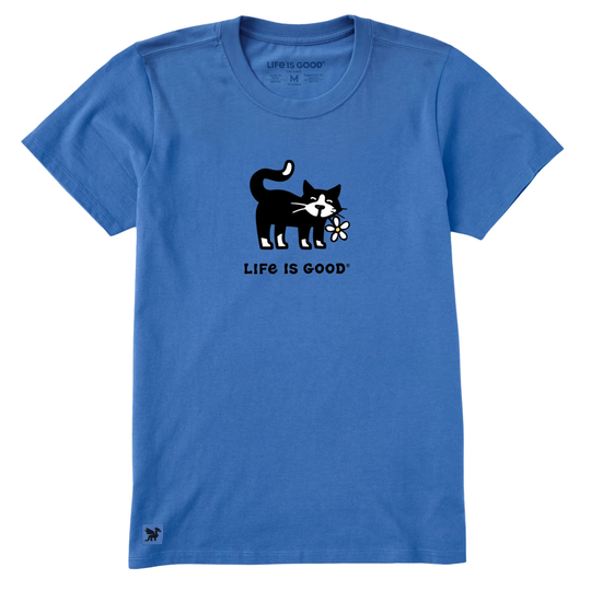 Blue t-shirt with a cat and flower graphic and 'Life is Good' text on a white background