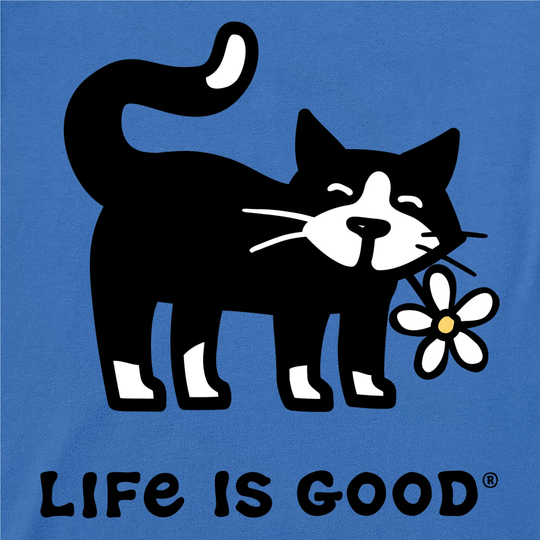 Black cat graphic on a blue background holding a daisy, with “LIFE IS GOOD” text below.