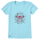 Light blue t-shirt with a pink butterfly and floral design on a white background