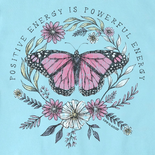 Butterfly with flowers and 'Positive Energy is Powerful Energy' text on a light blue background