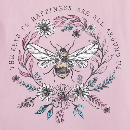 Illustration of a bee and flowers with text on a pink background