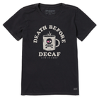 Black t-shirt with 'Death Before Decaf' graphic and 'Life is Good' branding on a white background
