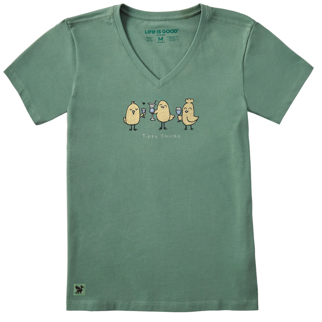 Green V-neck women’s T-shirt with three cartoon chicks holding drinks and the text “Tipsy Chicks”