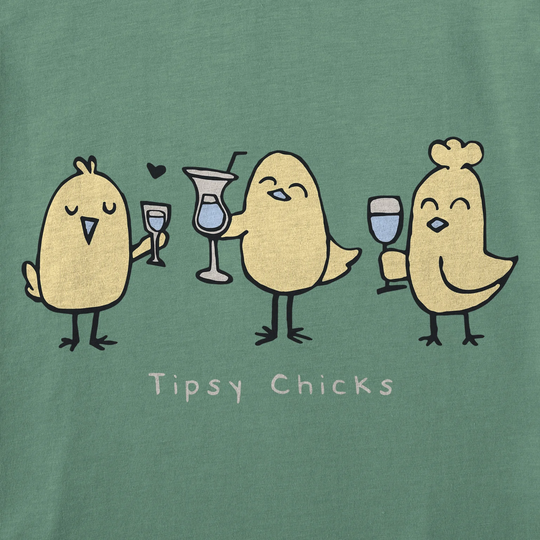 Green t-shirt with cartoon chicks holding drinks and the text 'Tipsy Chicks' on a green background.