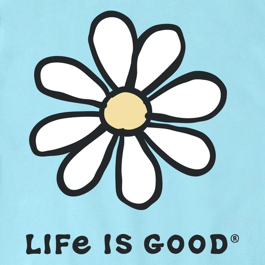 Light blue graphic with a white daisy and the text “LIFE IS GOOD”.